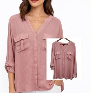 a.n.a‎ Tunic Blouse V-neck Roll Tab Sleeve Plus Size Pink Top 3X